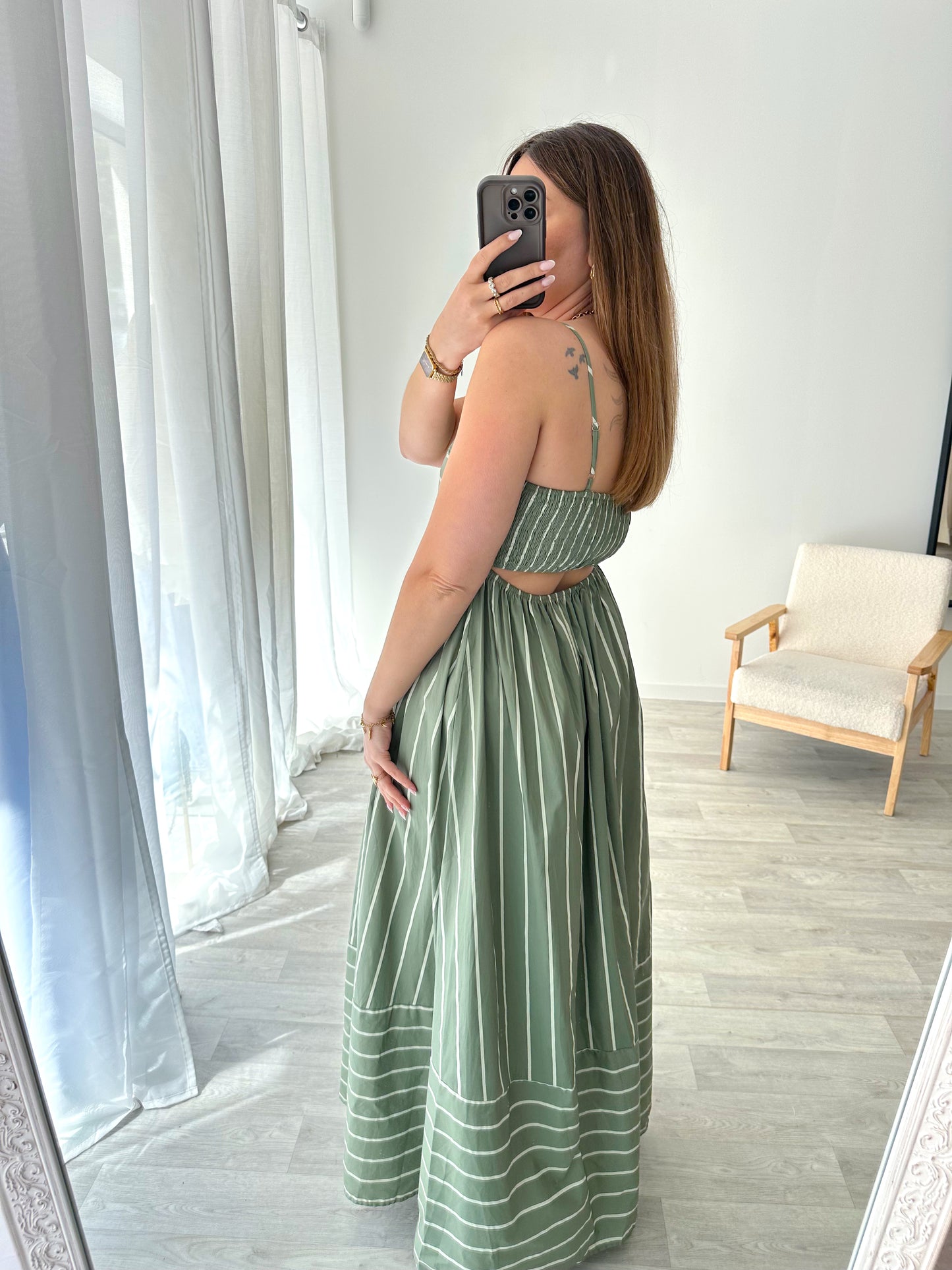 Robe longue rayée kaki RITA