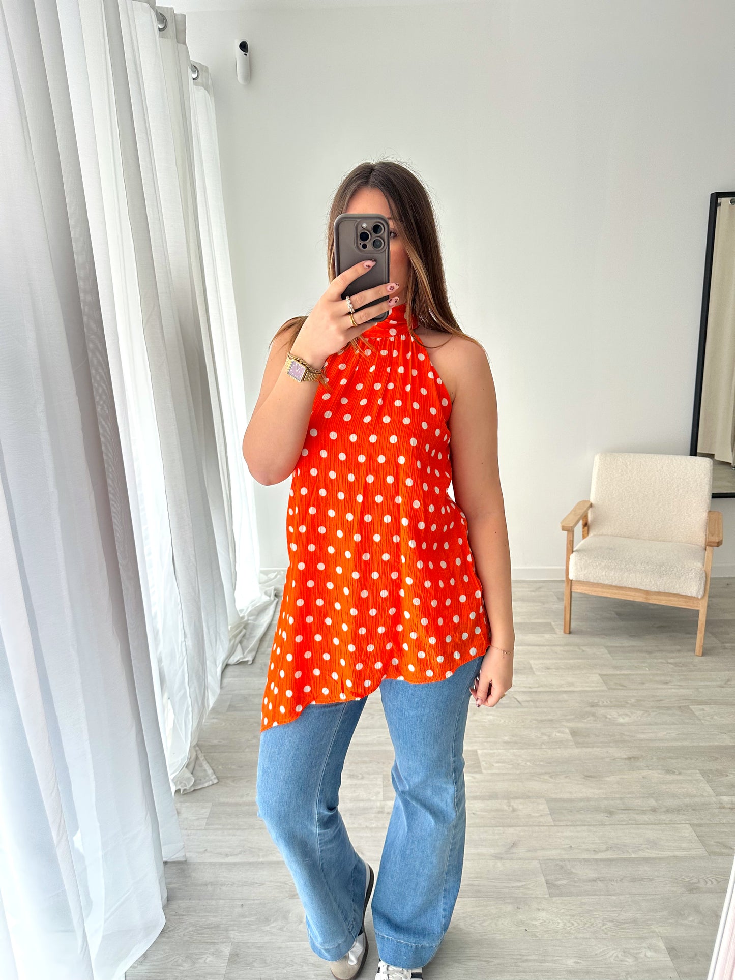 Top asymétrique à pois orange POLKA