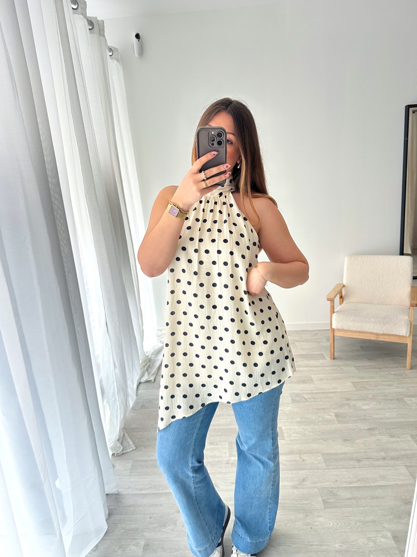Top asymétrique à pois beige POLKA