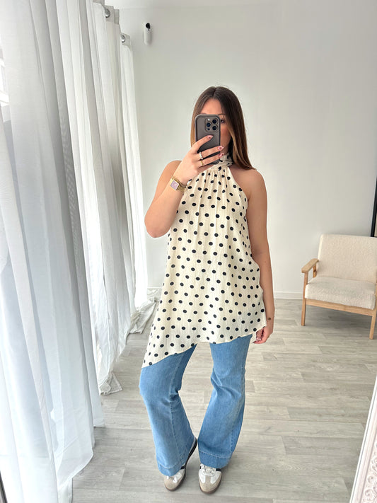 Top asymétrique à pois beige POLKA