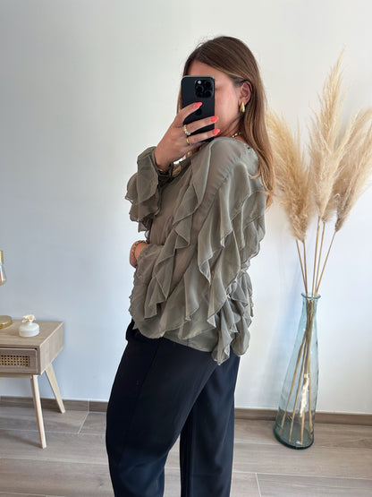 Blouse à volants kaki JENNY