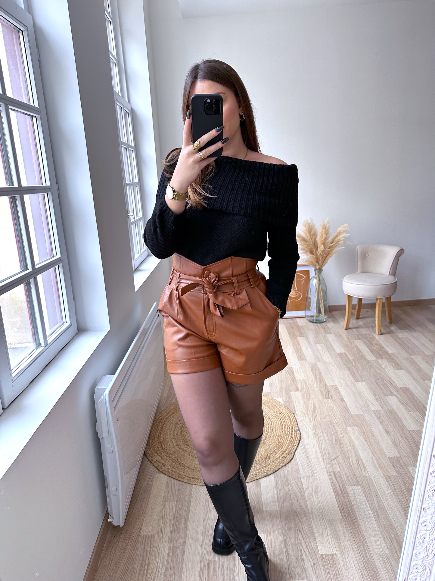 LORNA Brown Faux Leather Shorts