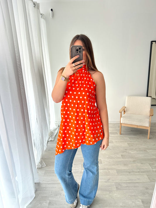 Top asymétrique à pois orange POLKA
