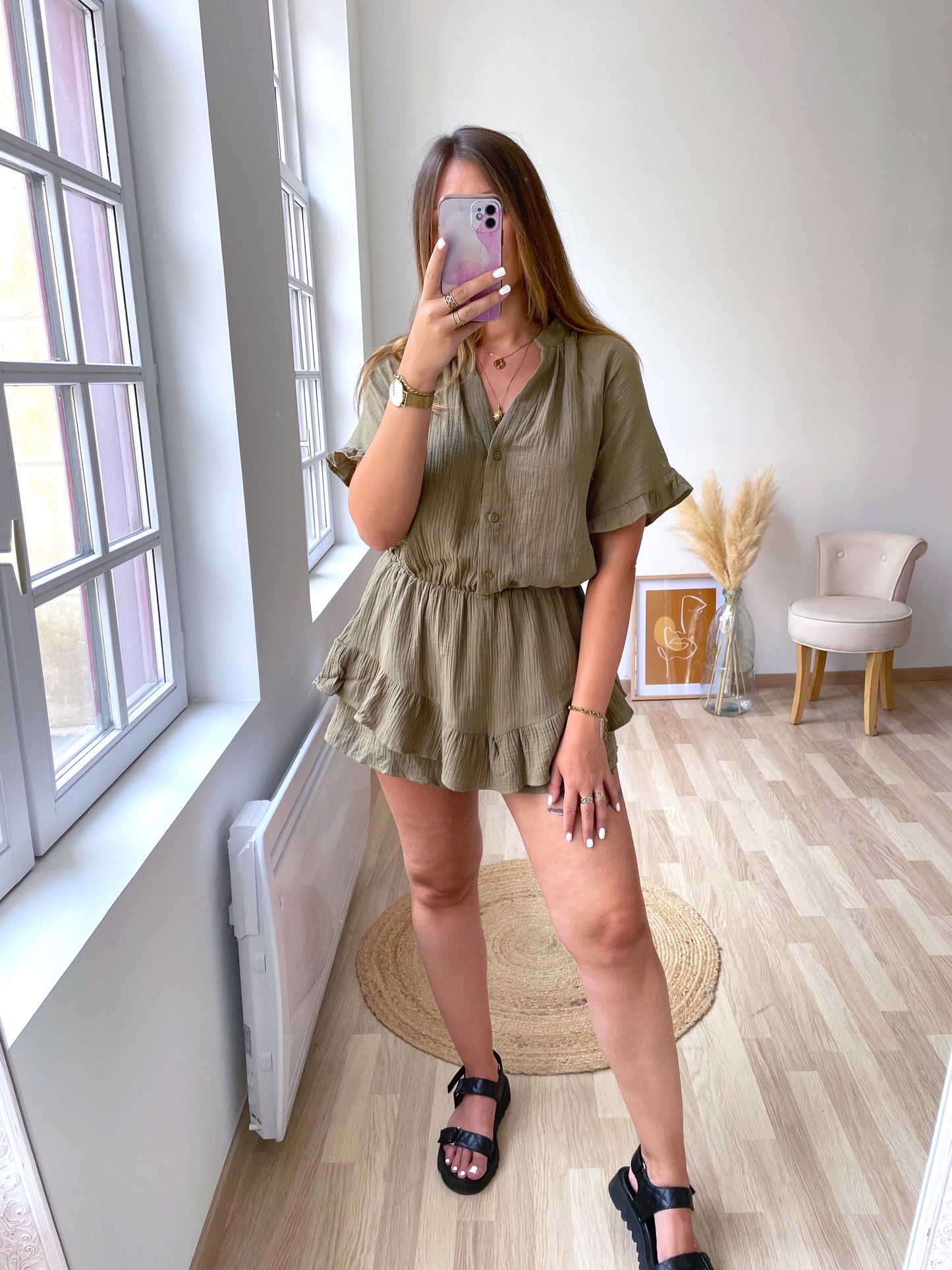 PALMA khaki cotton gauze playsuit